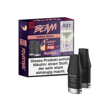 Revoltage Purple Peach Pods 20 mg/ml mit Verpackung im Hintergrund